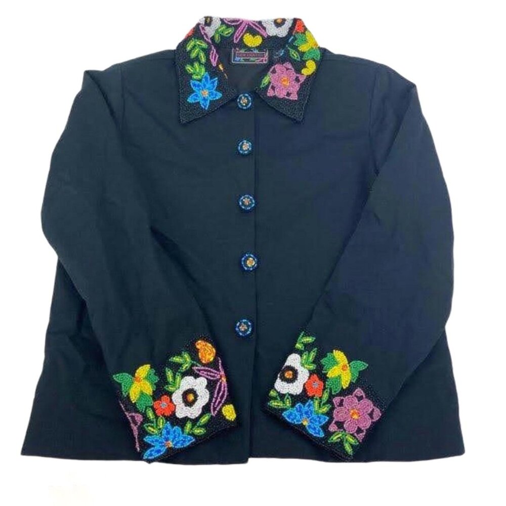 New Identity Womens S Beaded Front Button Blouse Floral Black Long Sleeve Collar